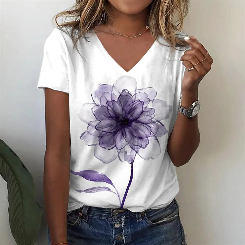 T-Shirt Femme Oversize Col V – Imprimé 3D Floral Manches Courtes Été