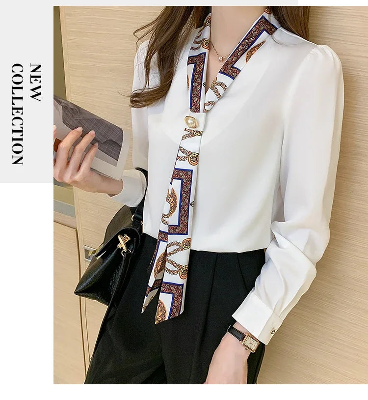 Blouse Femme Chiffon Col V Nœud Manches Longues Élégante