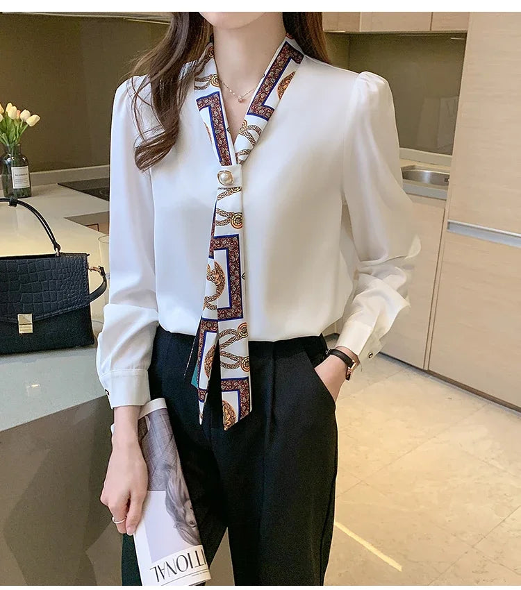 Blouse Femme Chiffon Col V Nœud Manches Longues Élégante