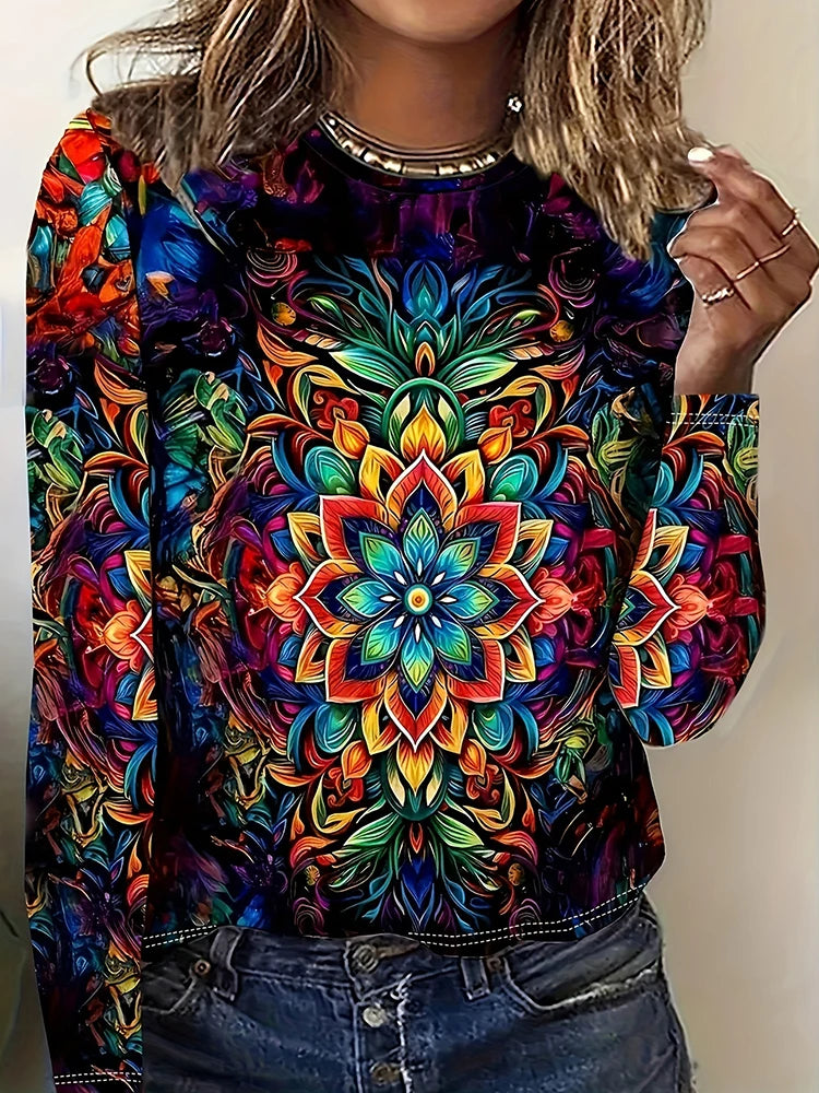 T-Shirt Femme Manches Longues Imprimé 3D Floral – Style Casual Street Automne Hiver