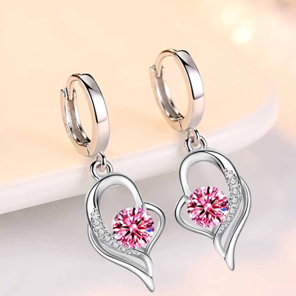 Boucles d’Oreilles Pendantes Cœur en Argent 925 – Zircon & Saphir Rose, Style Romantique, 17 Coloris