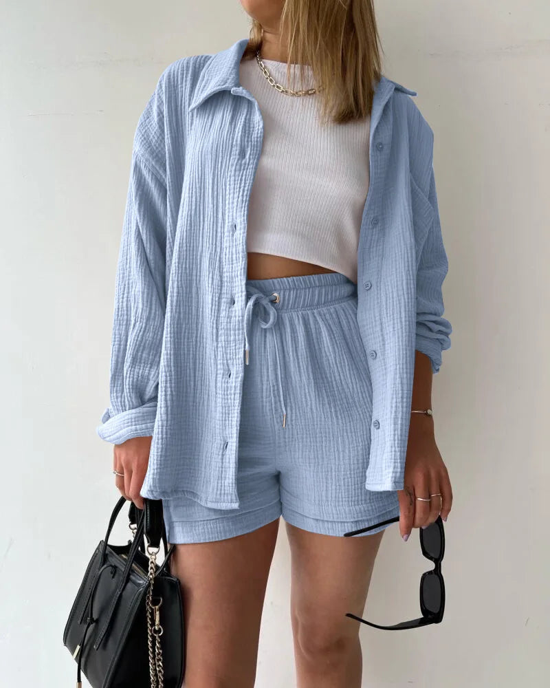Ensemble 2 Pièces Femme Mousseline – Top Col Polo Manches Longues & Short Taille Élastique | Casual Été